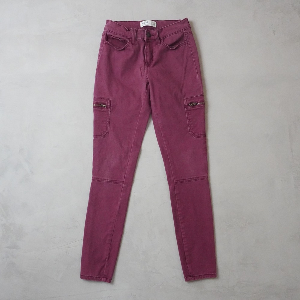 Mudd FLX Stretch Utility Skinny Pants Burgundy Wine Cargo Zip Pockets Size 3